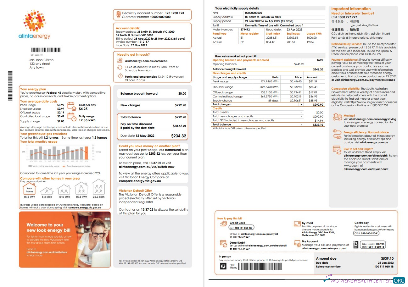 download Australia Alinta Energy electricity utility bill template in Word and PDF format, 2 pages PDF template